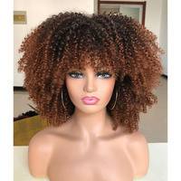 Runm Short Curly Afro Wig With Bangs For Black Women Kinky Curly Hair Wig Afro Synthetic Full Wigs(Ombre Brown)