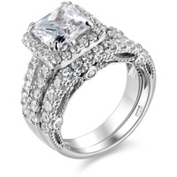 Wuziwen 4Ct Engagement Rings For Women Sterling Silver Cubic Zirconia Wedding Bridal Ring Set Size 8