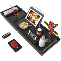 Bath Caddy Tray For Bathtub - Bamboo Adjustable Organizer Tray For Bathroom With Free Soap Dish Suitable For Luxury Spa Or Reading(Black)
