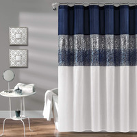 Lush Decor Night Sky Shower Curtain Sequin Fabric Shimmery Color Block Design For Bathroom, 72"" X 72"", Navy & White