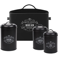 Baie Maison Extra Large Black Farmhouse Bread Box For Kitchen Countertop - Holds 2+ Loaves For All Your Bread Storage With Matching Large Kitchen Canisters Set Of 3 - Coffee Tea Sugar Container Set