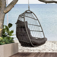 Radiata Foldable Wicker Rattan Hanging Egg Chair Without Stand, Swing Chair With Cushion And Pillow, Lounging Chair, Hammock Chair For Indoor Outdoor Bedroom Patio Garden (Dark Gray Without Stand)
