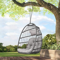 Radiata Foldable Wicker Rattan Hanging Egg Chair Without Stand, Swing Chair With Cushion And Pillow, Lounging Chair, Hammock Chair For Indoor Outdoor Bedroom Patio Garden (Grey Without Stand)