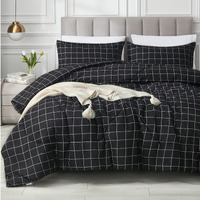 Andency Black Grid Comforter Set Queen Size (90X90 Inch), 3 Pieces(1 Grid Comforter And 2 Pillowcases), Summer Lightweight Microfiber Down Alternative Black Comforter With White Lines