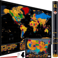 Xl Scratch Off World Map With 233 Flags - 36 X 24 Scratch Off Map Of The World + Scratch Off Usa Map - Easy To Frame World Scratch Off Map + Tools - Travel Map Wall Poster - Deluxe Gift For Travelers