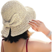Foldable Wide Brim Floppy Straw Beach Sun Hat,Summer Cap With Bowknot For Women Girls,Strap Adjustable (1 Pack Beige)