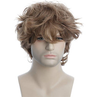 Karlery Male Mens Short Curly Fluffy Brown Wig With Bang Halloween Cosplay Wig