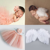 Cofashion Newborn Girls Photo Prop Outfit Peach Pink Tutu Skirt Flower Newborn Headbands + Infant Baby Angel Wings - Baby Girls Photograph Clothes For Newborn Photo Shoot