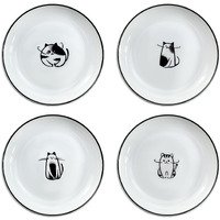 Wait Fly 5 Inches Funny Dog And Cat Pattern With Brush Strokes Ceramics Seasoning Dishes/Tea Bag Holders/Ketchup Saucer/Appetizer Plates/Seasoning Dipping Bowls, Set Of 4