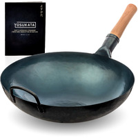Yosukata Blue Round Bottom Wok Pan - 14"" Woks And Stir Fry Pans - Chinese Hammered Pow Carbon Steelvtraditional Chinese Japanese Woks (14"", Blue)