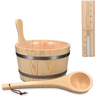 Navaris Wooden Sauna Bucket With Ladle - Essential Spa Accessory For Steam Room With 13 Gallon Pine Wood Bucket, Plastic Liner, Ladle, Sand Timer