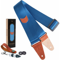 Guitar Strap With Pick Pocket, Vintage Nylon Full Grain Leather Ends Guitar Straps For Bass, Electric & Acoustic Guitar, Come With Free Strap Button, 1 Pair Strap Locks And 7 Guitar Picks (Blue)