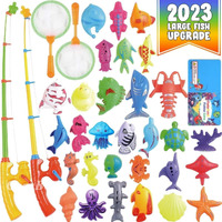 Cozybomb Magnetic Fishing Pool Toys Game For Kids - Water Table Bathtub Kiddie Party Toy With Pole Rod Net Plastic Floating Fish Toddler Color Ocean Sea Animals Gifts Age 3 4 5 6 Year Old