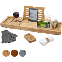 Temple Spring Bathtub Caddy Tray - Extendable Bath Tray For Bathtub With Candle, Wine Glass, Book, Ipad & Phone Holders - Adjustable Bathtub Tray Over Tub Wbathroom Accessories - Bamboo Natural Wood