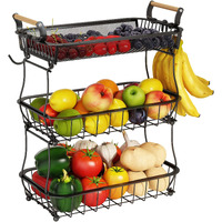 3 Tier Fruit Basket With 2 Banana Hangers, Countertop Fruit Vegetable Basket Bowl For Kitchen Counter Metal Mesh Basket Fruits Stand Produce Holder Organizer For Onion Potato Bread Snack Veggie, Black