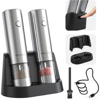 Circle Joy Electric Salt And Pepper Grinder Set Stainless Steel Spice Grinder Automatic Pepper Mills With Easy-To-Carry Dual Charging Station, Brush, White Led Light, And Adjustable Coarseness