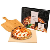 Gourmeo Pizza Stone Pan And Wooden Pizza Paddle - 15X11.8X0.6 Inch - Cordiete Bread Beaking Stone W/Pizza Peel - Suitable For Oven & Grill