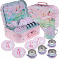 Jewelkeeper Tea Set For Little Girls - 15 Piece Sets Kids Tin Tea Party With Cups, Saucers, Plates & Serving Trays - Toddler Princess Tea Time Pretend Play - Rainbow Unicorn Design Picnic Toy