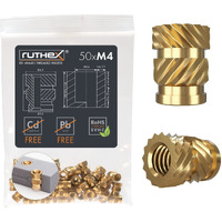 Ruthex M4 Threaded Inserts - 50 Pieces Rx-M4X8.1 Brass Heat Set Insert For Plastic Parts - Metric Knurled Nuts - Insert By Heat Into 3D Printing Components