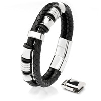 Serasar 9"" Silver Leather Bracelets For Men - Mens Bracelets Cowhide Gift-Box Braided Bracelet Stainless Steel Jewelry Wrist-Band Cuff Wrap Rope Bangle Dad Boy Pulseras Para Hombres Cuero Regalo
