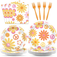 96 Pcs Groovy Party Supplies For 24 Guests Retro Hippie Boho Tableware Plates Napkins Daisy Flower Birthday Dinnerware Table Decorations Retro Hippie Daisy Party Favor For Kitchen Dinning Home Decor