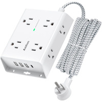 10Ft Long Surge Protector Power Strip, Extension Cord With 8 Ac Outlets And 4 Usb Ports(1 Usb C), 3-Side Outlet Extender Strip, Flat Plug, Wall Mount, Dorm Home Office Essential, Etl Listed