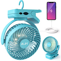Camping Fan With Led Light - 12000Mah 65Hrs Battery Powered, Portable Rechargeable, Use As Power Bank, Clip On, Tent Fan For Camping, Camp Fan For Tent, Ceiling Fan For Tent Rv Bed, Blue