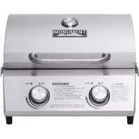 Monument Grills Tabletop Propane Gas Grill For Outdoor Portable Camping Cooking With Travel Locks, Stainless Steel High Lid, And Built In Thermometer