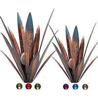 2Pcs Tequila Sculpture Metal Agave Plant Home Decor Rustic Hand Painted Figurines Yard Decorations Lawn Ornaments(Multi-Color Led Solar Light )