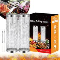 Grill Basket 2 Pcs, Bbq Grill Basket, Rolling Grilling Basket, Stainless Steel Grill Mesh Barbeque Grill Accessories, Portable Grill Baskets For Outdoor Grill For Fish, Shrimp, Meat, Vegetables, Fries