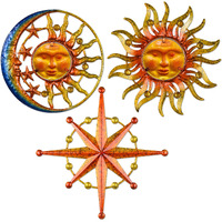 Bvlfook Metal Sun Wall Art Decor For Outdoor Patio, Sun Moon Star, Metal & Glass Hanging Wall Decoration For Fence Patio Garden Balcony Porch Yard Living Room Bedroom, Set Of 3, 9 Inch Bohemia Boho