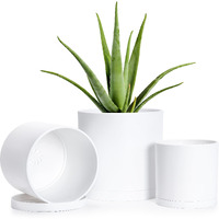 4 Inch 5 Inch 6 Inch, Set Of 3 Plastic Planter Pots For Plants With Drainage Hole And Seamless Saucers, White Color, Small, 74-E-S-1