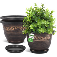 Plastic-Plant-Flower-Planters-16 Inch With Drainage Hole & Saucer, 3 Packs Lightweight Small Resin Flower Pot Indoor Outdoor, Retro Antique Imitation Decorative Garden Containers Sets For Houseplants