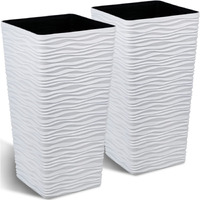 Worth Garden 2-Pack Tall Tapered Planter - Plastic White Square Plant Pots - 22"" Tall Large Tree Planter - Modern Matte Wavy Flower Pot For Indoor Outdoor Porch Deck