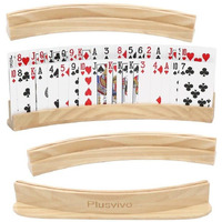 Plusvivo Set Of 4 Curved Playing Cards Holders For Seniors Adults - Soild Wood Cards Holders For Playing Cards 13 X 1.9 X 2.4 Inch For Bridge Canasta Strategy Foot And Hand