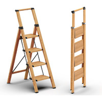 Gamegem Folding Step Ladder, 4 Step Ladder With Anti-Slip And Wide Pedal, Lightweight Aluminum Step Stool With Handgrip, Space Saving Stepladder For Home And Kitchen, 330 Lbs Capacity (Woodgrin