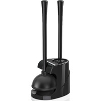 Toilet Plunger And Brush, Bowl Brush And Heavy Duty Toilet Plunger Set With Ventilated Holder, 2-In-1 Bathroom Cleaning Combo With Modern Caddy Stand (Black)
