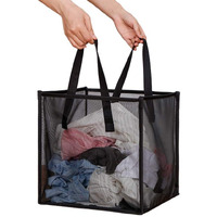 Laundry Hamper Bag With Handles,Portable &Collapsible Dirty Clothes Mesh Basket Foldable For Washing Storage, Kids Room,Dorm Or Travel (Black, Single-Layer)