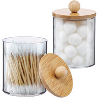 2 Pack Qtip Holder Dispenser With Bamboo Lids - 10 Oz Clear Plastic Apothecary Jar Containers For Vanity Makeup Organizer Storage - Bathroom Accessories Set For Cotton Swab, Ball, Pads, Floss
