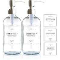 Vine Creations Clear Glass Soap Dispenser 2 Pack, Thick 16Oz Bottles Rustproof Stainless Steel Pump, Kitchen Bathroom Accessories, Hand Soap & Dish Soap Dispenser, With Waterproof Labels (Silver)