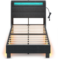 Rolanstar Bed Frame Twin Size With Headboard, Upholstered Platform Frame With Led Lights And Usb Ports, Motion Activated Night Light & Solid Wood Slats, No Box Spring Needed, Dark Grey