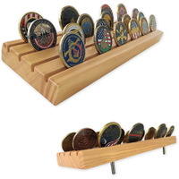 Asmileindeep 4 Row Military Challenge Coin Display Holder Wood Challenge Coin Stand Case Holds 30 Coins Army Police Military Coin Display Rack For Desk,Primary Color