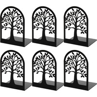 Happyhapi Bookends Metal Book Ends To Hold Books, Tree Decorative Bookends For Shelves, Black Book Stopper Bookend For Heavy Books, Book Holder For Shelf Home Office, 6.8 X 4.7 X 3.5(3 Pair/6 Pcs)