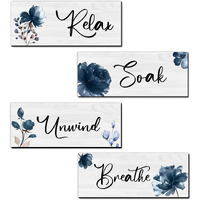 4 Pieces Bathroom Art Rustic Farmhouse Bathroom Wall Decor Relax Soak Unwind Breathe Wood Hanging Sign For Home Spa Bathroom Laundry
