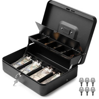 Volcora Large Cash Box With Key Lock, Metal Money Box For Cash, Portable Locking Safe Box With Coin Tray, Durable Money Saving Organizer For Yard Sale, Garage Sale, Small Business, Black