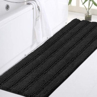 Turquoize Non Slip Shaggy Chenille Microfibers Bathroom Rug Black Bathroom Mat Extra Long Bath Rug 47 X 17 Kitchen Rugs And Mats, Super Water Absorbent & Soft Washable Bath Rug For Bathroom, Black