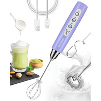 Yuswko Handheld Milk Frother For Coffee, Rechargeable Drink Mixer With 3 Heads 3 Speeds Electric Whisk Coffee Frother For Latte, Cappuccino, Hot Chocolate, Egg - Light Purple