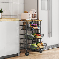 Wisdom Star 4 Tier Fruit Basket For Kitchen, Vegetable Storage Cart With Wooden Tabletop, Vegetable Basket Bins For Onions And Potatoes, Wire Storage Basket Organizer Utility Cart With Wheels, Black
