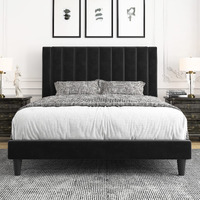 Allewie Queen Bed Frame/Velvet Upholstered Bed Frame With Vertical Channel Tufted Headboard/Strong Wooden Slats/Platform Bed Frame/Mattress Foundation/Box Spring Optional/Easy Assembly/Black