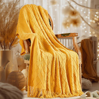 Inhand Knitted Fall Throw Blanket For Couch And Bed, Knit Fall Decor Halloween Blanket With Tassel, Mustard Yellow Lightweight Decorative Farmhouse Warm Woven Blankets And Throws For Women, 50""X60""